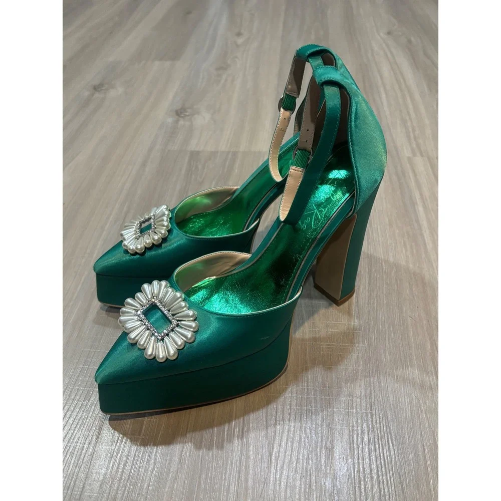 Emerald Green Satin Platform Pumps Pearl Buckle Ankle Strap Block HeelPointedToe